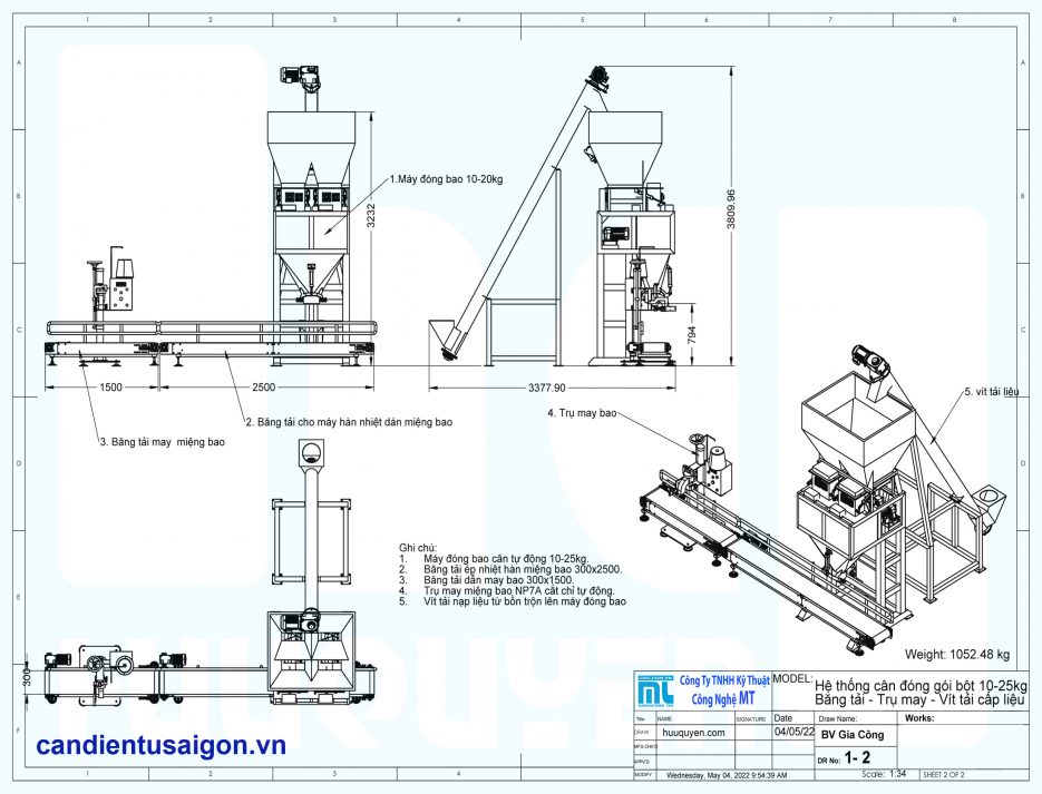 Bản vẽ thông số kích thước máy đóng bao bột khoáng