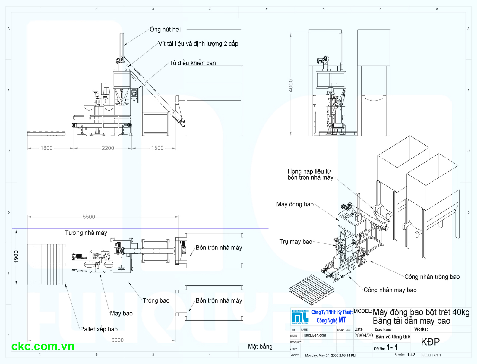 Bản vẽ thông số kích thước máy đóng bao bột trét tường có hệ thống hút chân không may bao