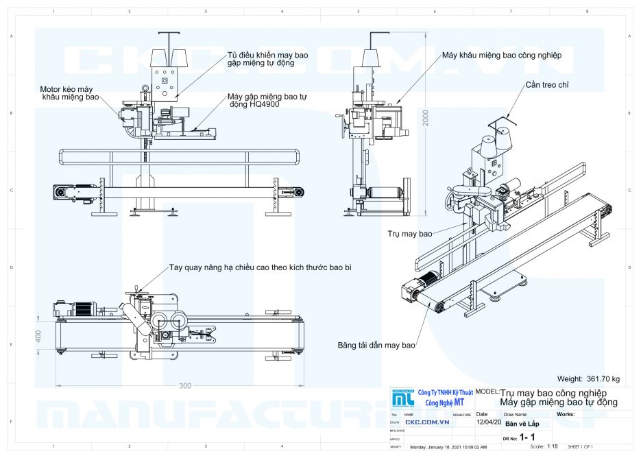 Bản vẽ băng tải trụ may miệng bao công nghiệp và máy gập miệng tự động