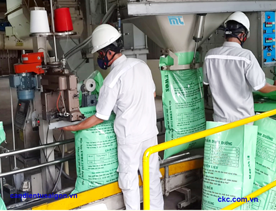Cân đóng bao cám viên trong nhà máy sản xuất thức ăn chăn nuôi
