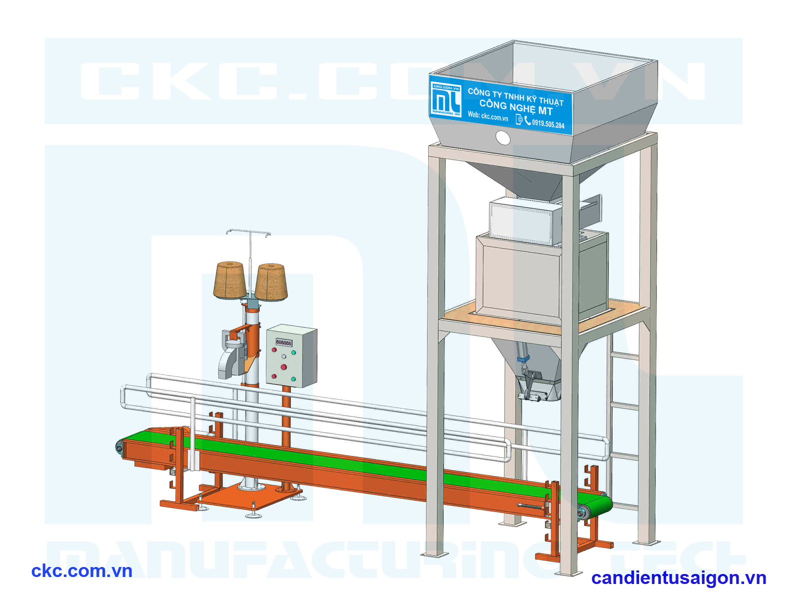 Mô hình cân đóng bao phân bón dạng hạt rời có độ tự chảy