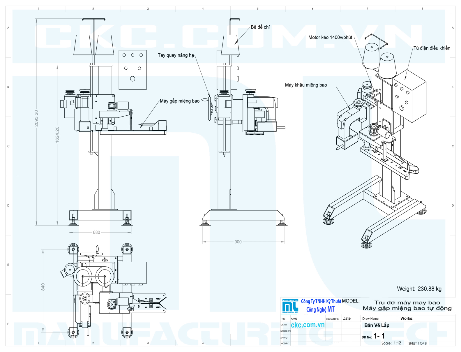 Kích thước hệ thống máy gấp mép miệng bao HQ-4900 băng tải trụ đỡ may bao tủ điện điều khiển