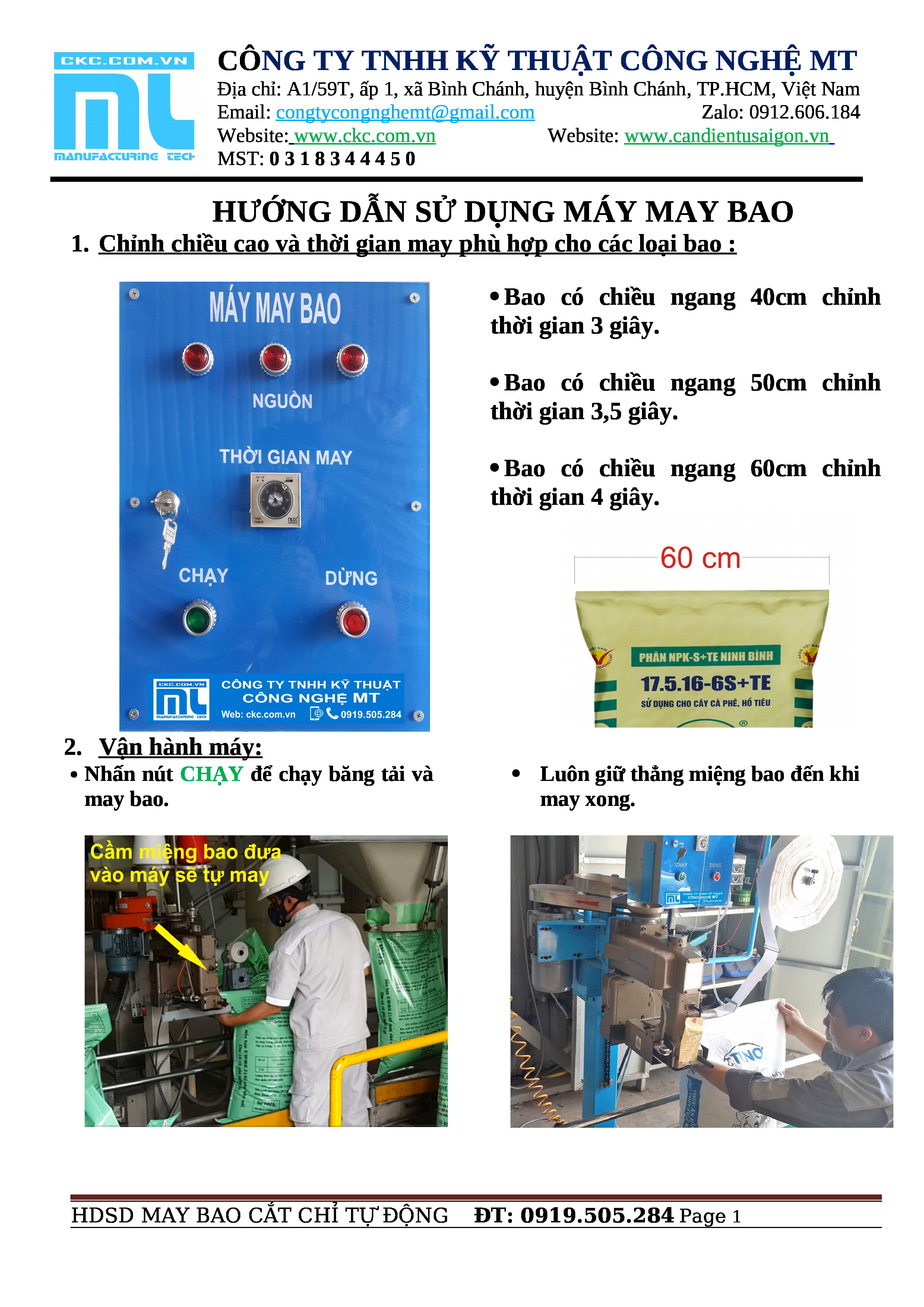 Hướng dẫn sử dụng và bảo dưỡng hệ thống khâu bao công nghiệp Newlong, Yaohan 