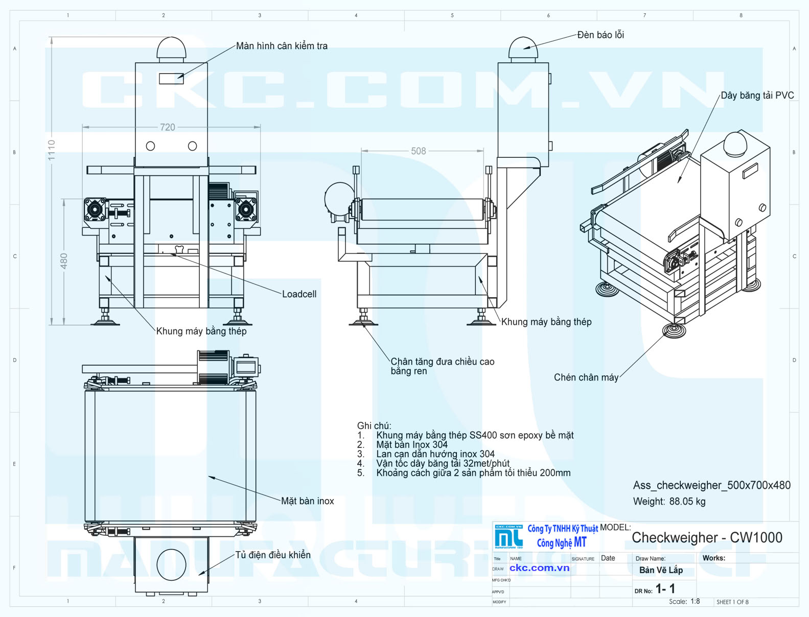 Thông số kích thước cân kiểm tra trọng lượng - Checkweigher