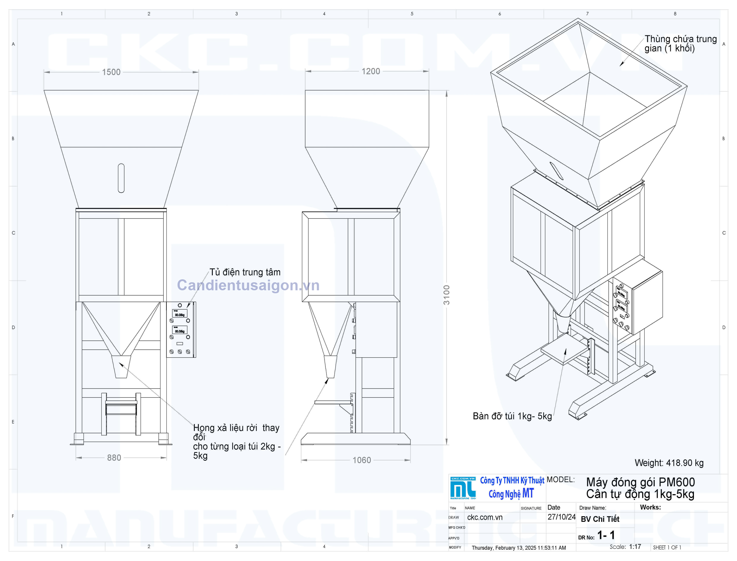 Kích thước cân đóng gói dạng hạt và bột