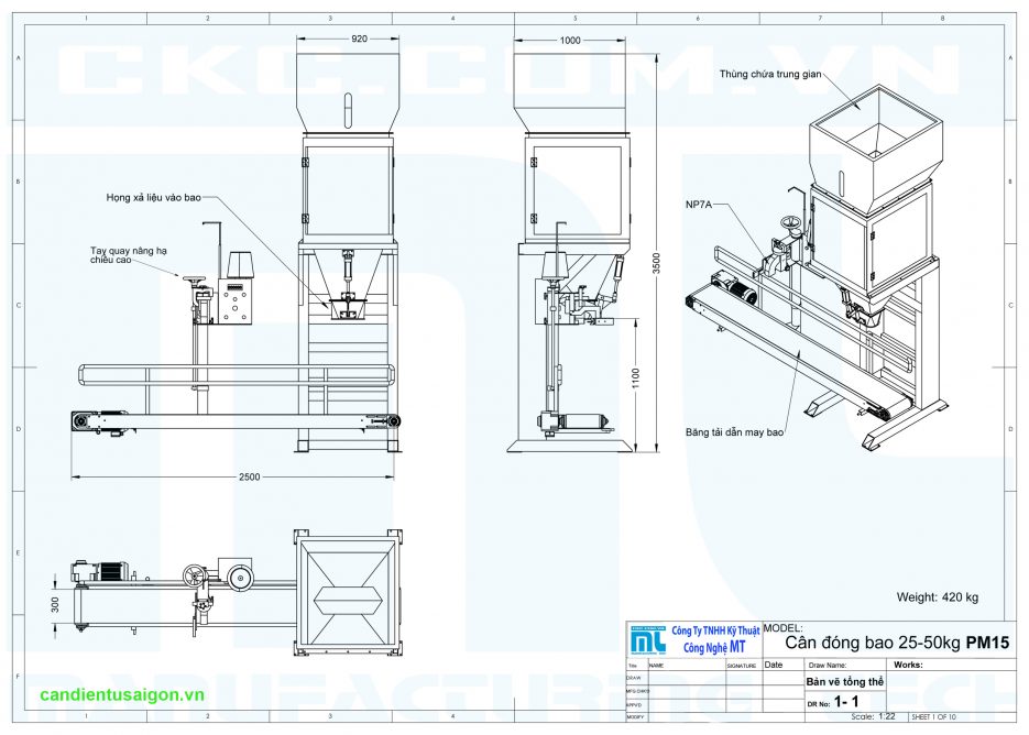 Bản vẽ cân đóng bao nguyên liệu dạng hạt lúa gạo cà phê hạt nhựa