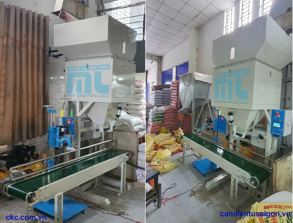 Hệ thống máy cân đóng bao gạo và may miệng bao sau cân