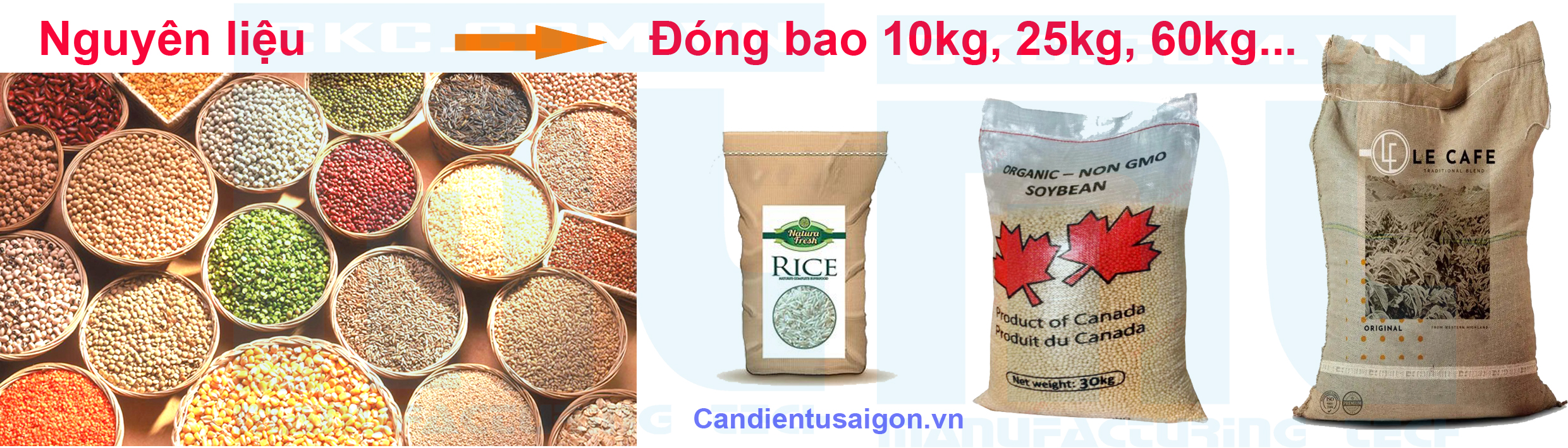 Nguyên liệu đóng bao hạt nông sản lúa gạo caphe bắp đậu nành tiêu hạt nựa