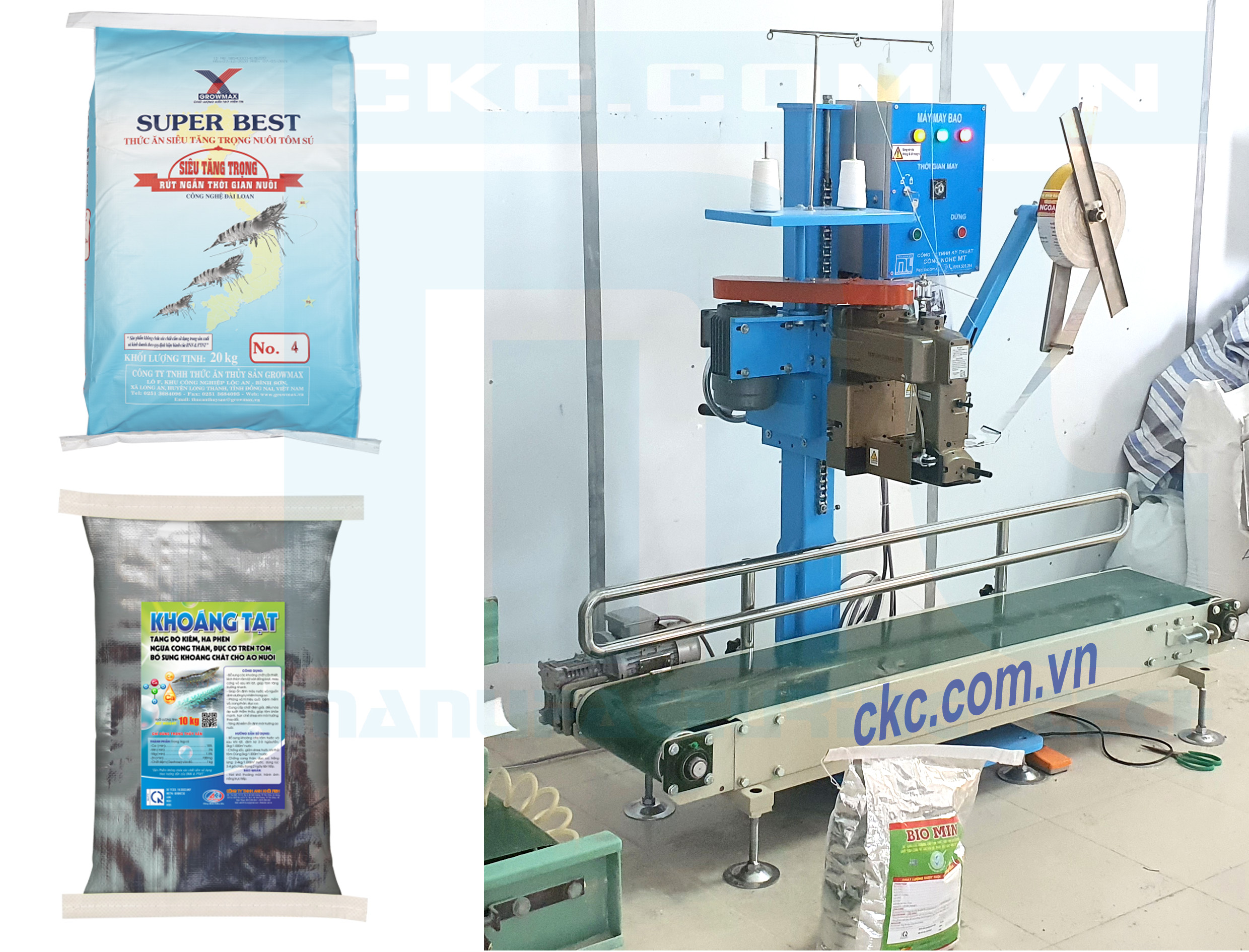 Băng tải may bao, trụ đỡ tủ điện điều khiển tự động may miệng bao nẹp tape 55-70mm